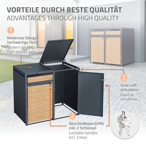 Papperskorgsbox för 4 kärl upp till 240L 264x80x116,3 cm antracit/lärkutseende stål ML-design