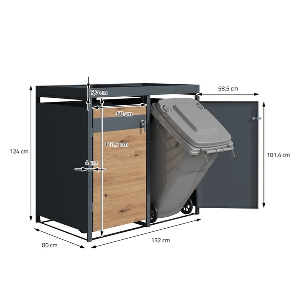 Affaldsspand med plantetag til 4 spande op til 240L 264x80x124 cm stål i egetræslook ML-design