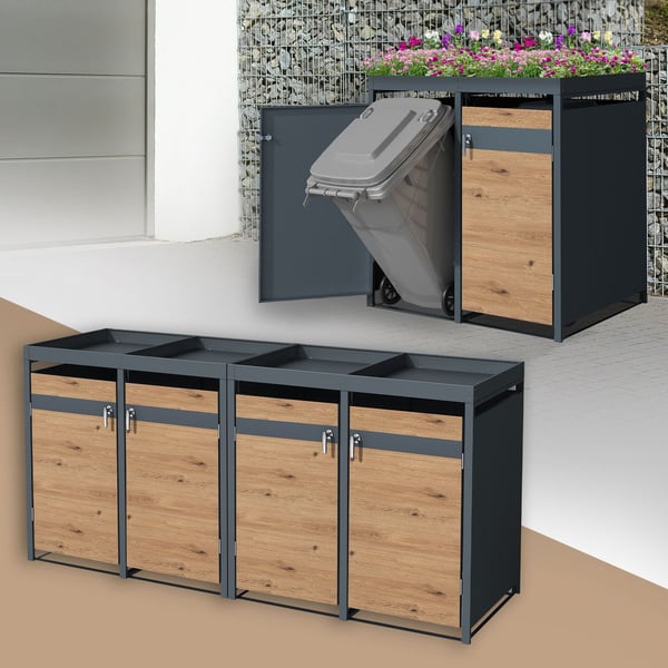 Affaldsspand med plantetag til 4 spande op til 240L 264x80x124 cm stål i egetræslook ML-design