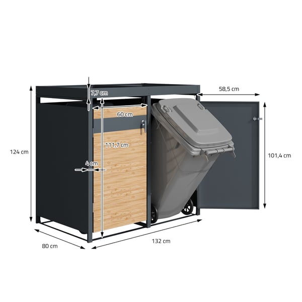 Affaldsspand med plantetag til 4 spande op til 240L 264x80x124 cm lærkelook stål ML-design