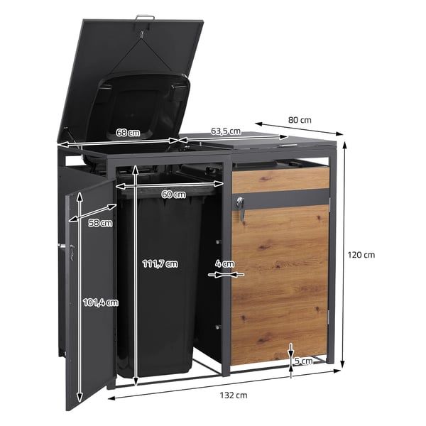 Papperskorgsbox för 4 fack upp till 240L 264x80x116,3 cm antracit/ek-look stål ML-design