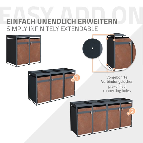 Affaldsspand med plantetag til 4 spande op til 240L 264x80x124 cm rust-look stål ML-design
