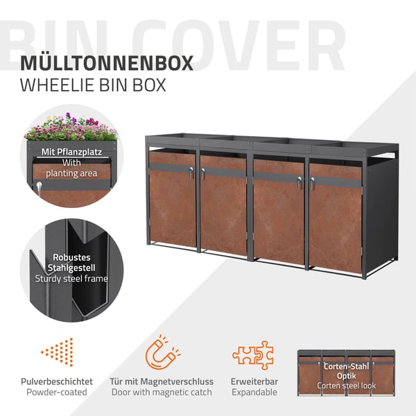Papperskorgsbox med planteringstak för 4 papperskorgar upp till 240L 264x80x124 cm stål i rostfri look ML-design