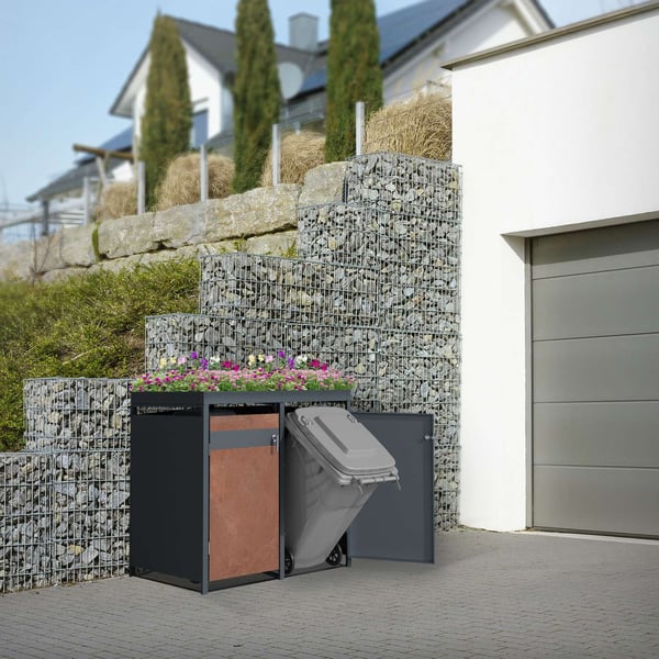 Affaldsspand med plantetag til 4 spande op til 240L 264x80x124 cm rust-look stål ML-design