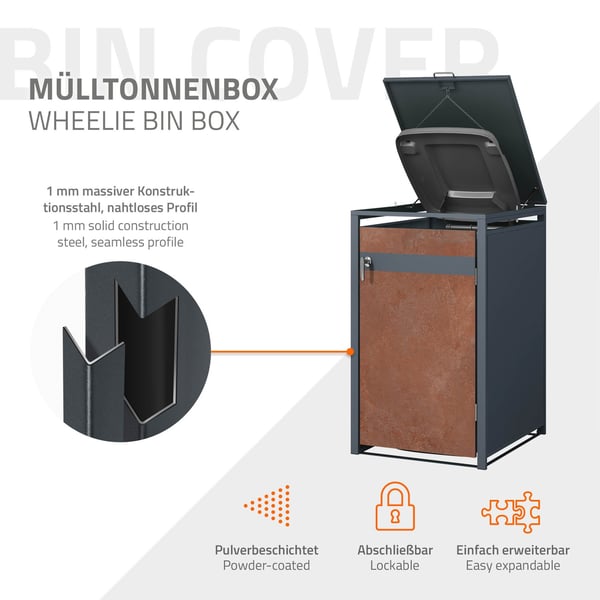 Affaldsspand til 3 spande op til 240L 200x80x116,3 cm antracit/rust-look stål ML-design