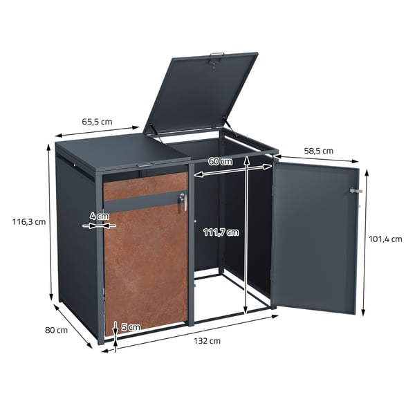 Affaldsspand til 3 spande op til 240L 200x80x116,3 cm antracit/rust-look stål ML-design