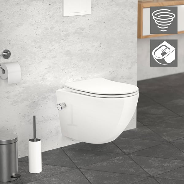 Reunaton seinään kiinnitettävä WC lyhyt 49 cm, jossa on bidet-toiminto ja Tornado-huuhtelu LuxeBath