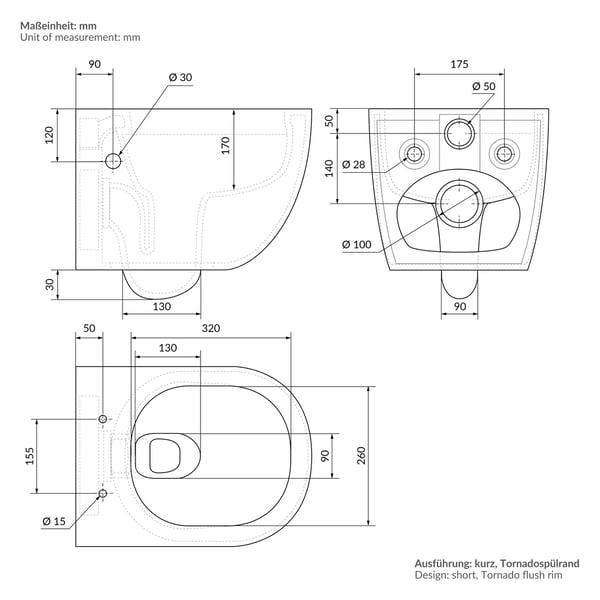 Væghængt toilet uden kant, kort 49 cm, med bidetfunktion og Tornado-skyl LuxeBath