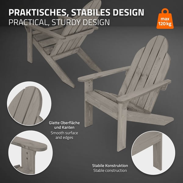 Havestol Adirondack solseng havestol vejrbestandig massivt træ op til 120 kg grå