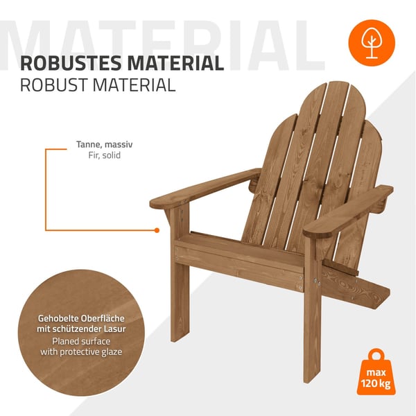 Adirondack-havestol af massivt træ vejrbestandig belastbar op til 120 kg brun af grantræ ML-design