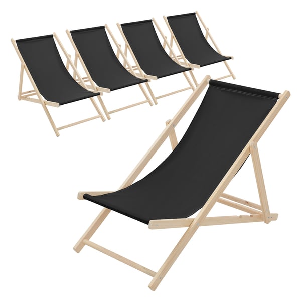 Set med 5 hopfällbara solstolar svart trä justerbart ryggstöd upp till 120 kg solstol trädgård solstol strand solstol