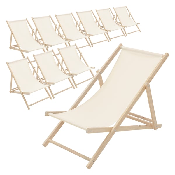 Sæt med 10 sammenklappelige liggestole i beige træ med justerbart ryglæn op til 120 kg solseng havestol strandseng