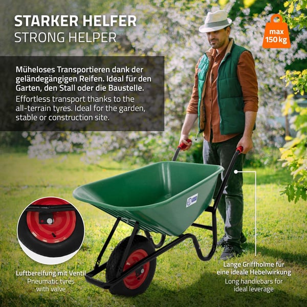 Trillebør i plast 100 liter op til 150 kg grøn med luftdæk og metalfælg