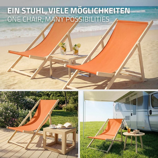 Sæt med 3 sammenklappelige liggestole i orange træ med justerbart ryglæn op til 120 kg solseng havestol strandseng