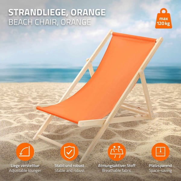 Sæt med 3 sammenklappelige liggestole i orange træ med justerbart ryglæn op til 120 kg solseng havestol strandseng