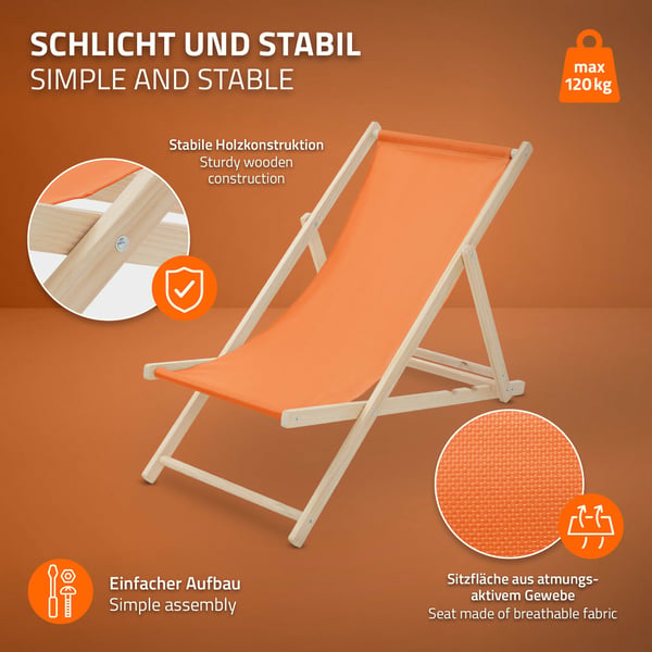Sæt med 5 sammenklappelige liggestole i orange træ med justerbart ryglæn op til 120 kg solseng havestol strandseng