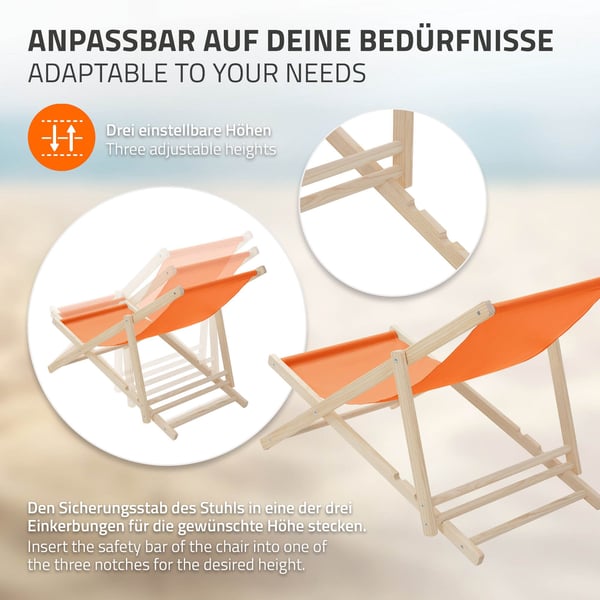 Sæt med 5 sammenklappelige liggestole i orange træ med justerbart ryglæn op til 120 kg solseng havestol strandseng