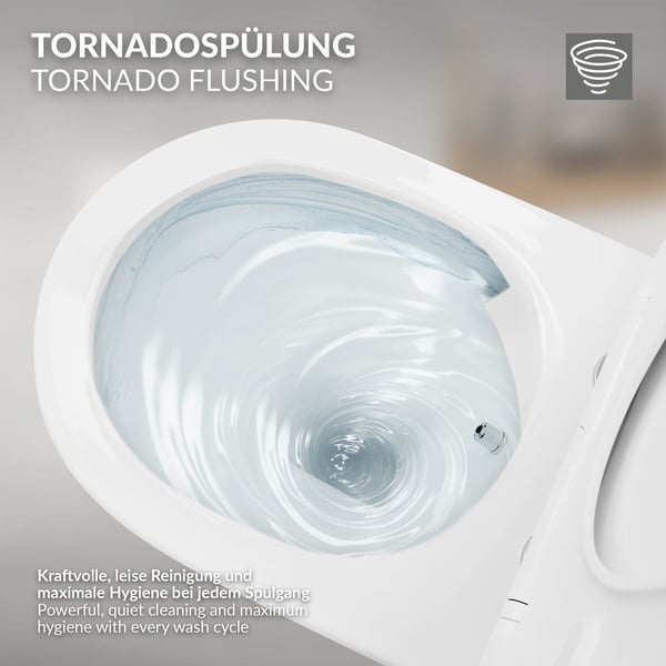 Væghængt toilet uden kant, lang 53,5 cm Hvid med bidetfunktion og Tornado-skyl LuxeBath