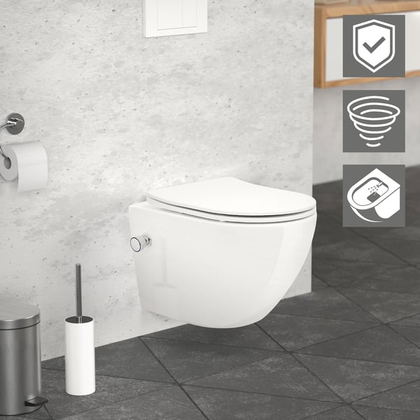Reunaton seinään kiinnitettävä WC lyhyt 49 cm Valkoinen bideetoiminnolla ja Tornado-huuhtelulla LuxeBath