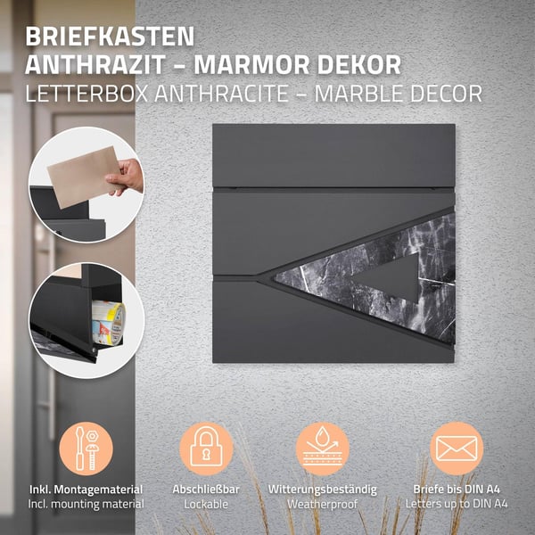 Standerbrevkasse med avisrum 37x36,5x11 cm antracit/sort marmor-look stål ML-design