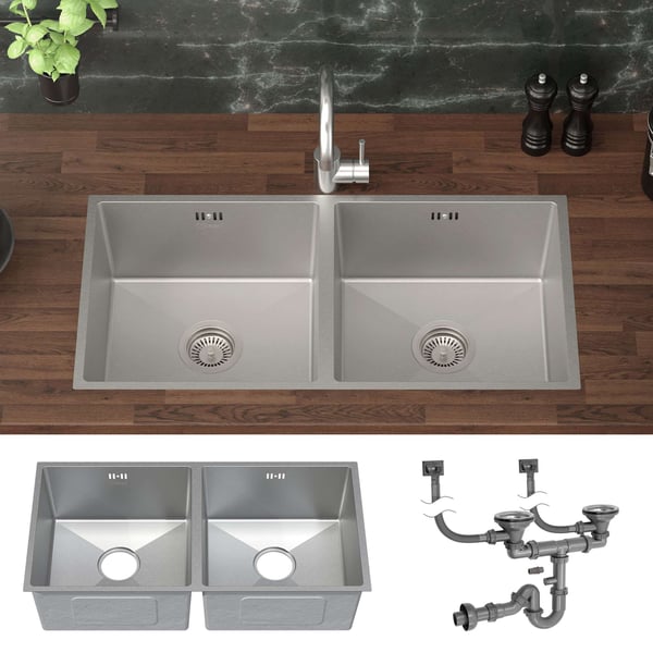 Indbygningsvask med dobbelt kumme Silver Køkkenvask med afløb i rustfrit stål og overløbssæt ML-design
