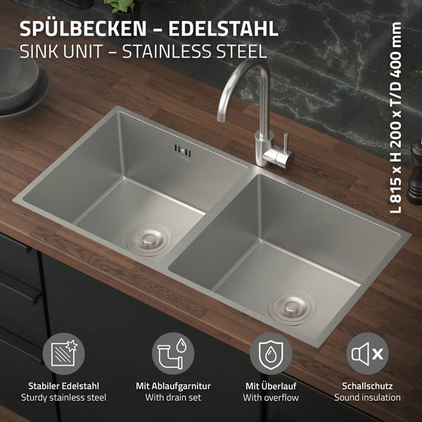 Indbygningsvask med dobbelt kumme Silver Køkkenvask med afløb i rustfrit stål og overløbssæt ML-design