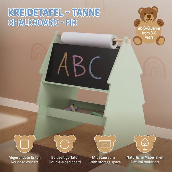 Kridttavle til børn i grantræsdesign dobbeltsidet kridttavle med opbevaringsplads og papirrulle Joyz