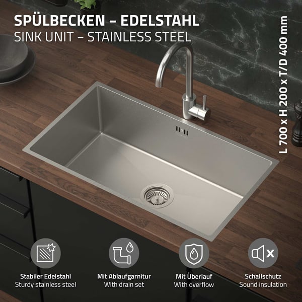Indbygningsvask 70x40 cm sølv med afløb og overløb i rustfrit stål ML-design