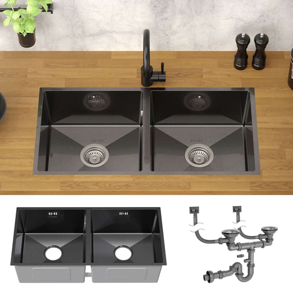 Inbyggd diskbänk med dubbla skålar Antracit Diskbänk med avlopp och bräddavlopp i rostfritt stål ML design