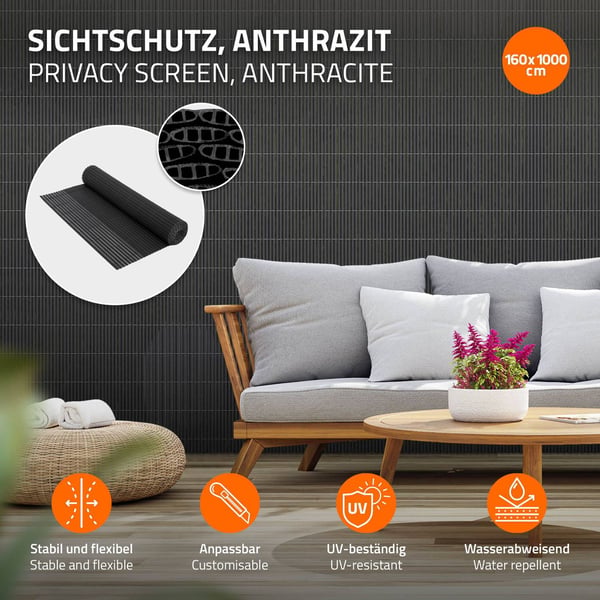 Privacy screen mat 160x1000 cm Privacy screen hegn Windbreak altanafskærmning PVC antracit UV-resistent