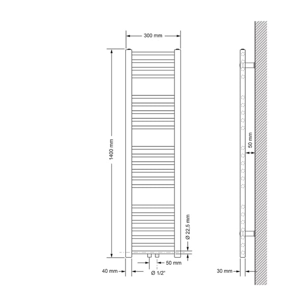 Badeværelsesradiator Sahara 300x1400mm hvid lige med centertilslutning og gulvtilslutningssæt
