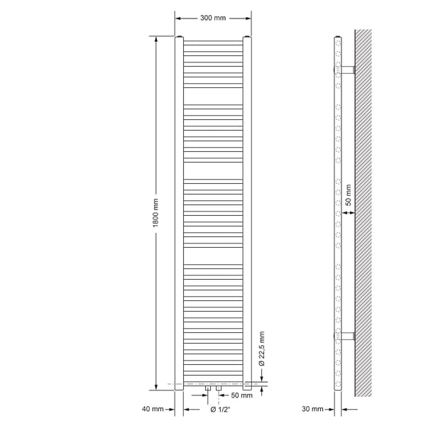 Badeværelsesradiator Sahara 300x1800 mm hvid lige med centertilslutning og vægtilslutningssæt