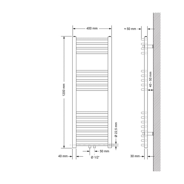 Badeværelsesradiator Sahara 400x1200 mm hvid buet med centertilslutning og universaltilslutningssæt