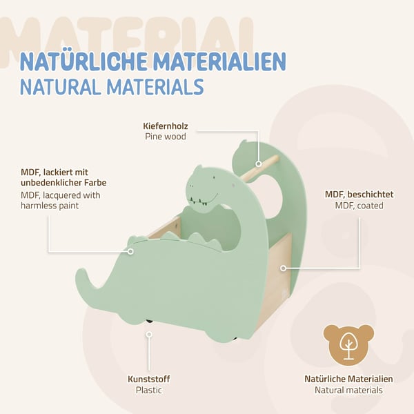 Lasten lelulaatikko dino design beige/vihreä pyörillä puusta Joyz