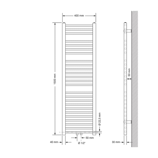 Badeværelsesradiator Sahara 400x1500 mm hvid lige med centertilslutning og vægtilslutningssæt LuxeBath