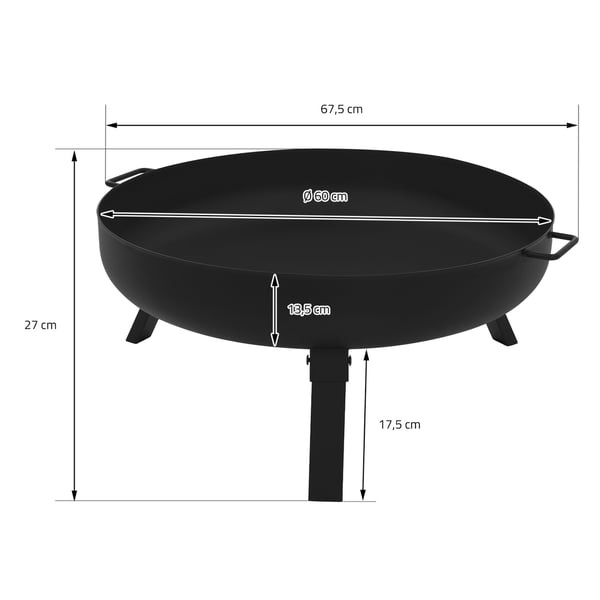 Eldstad 60 cm med trebent ram och fällbara fötter Eldkorg i stål