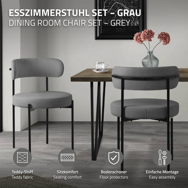 Matstol set om 2 med teddy tyg med ryggstöd grå Köksstol ML-Design