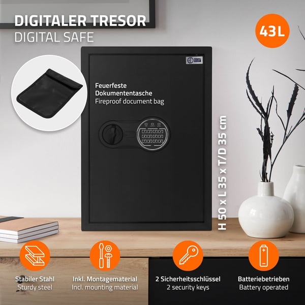 Safe Safe 43L af stål med elektronisk lås og nødnøgler Rundboltlås