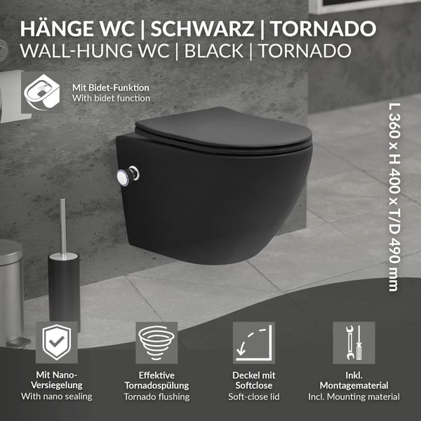 Væghængt toilet uden kant, kort 49 cm, sort med bidetfunktion og Tornado-skyl LuxeBath