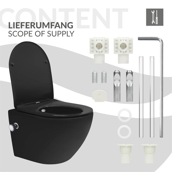 Væghængt toilet uden kant, kort 49 cm, sort med bidetfunktion og Tornado-skyl LuxeBath