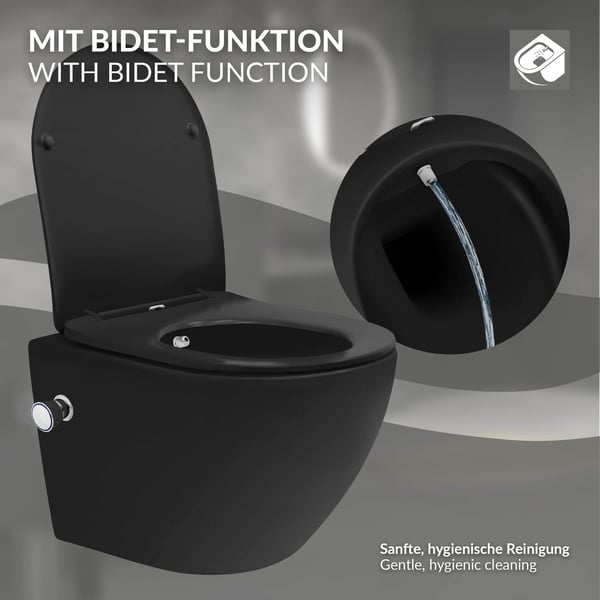 Væghængt toilet uden kant, kort 49 cm, sort med bidetfunktion og Tornado-skyl LuxeBath