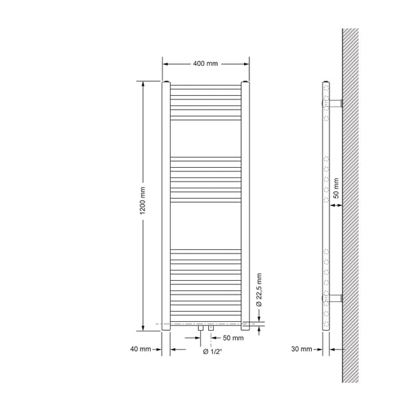 Badeværelsesradiator centertilslutning 400x1200 mm hvid lige med vægtilslutningssæt LuxeBath