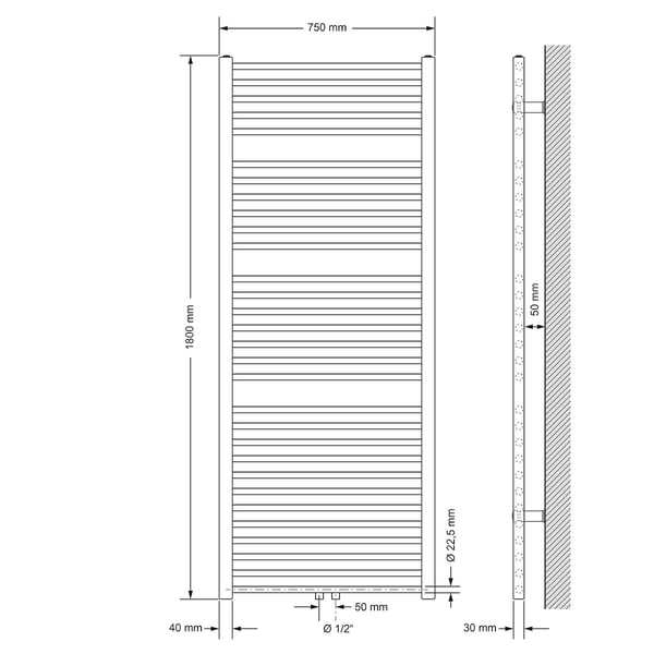 Badeværelsesradiator Sahara 750x1800 mm hvid lige med centertilslutning og universaltilslutningssæt