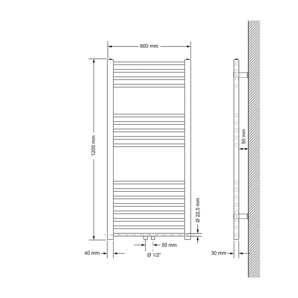 Badeværelsesradiator 600x1200 mm hvid, lige, universelt tilslutningssæt