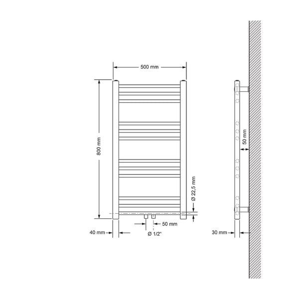 Badeværelsesradiator Sahara 500x800 mm hvid lige med centertilslutning og universaltilslutningssæt
