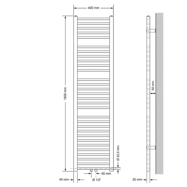 Badeværelsesradiator Sahara 400x1800 mm hvid lige med centertilslutning og gulvtilslutningssæt