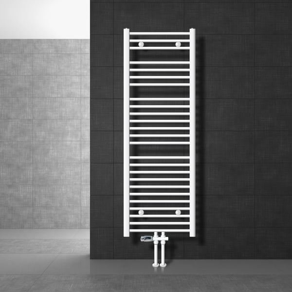 Badeværelsesradiator Sahara 500x1500 mm hvid lige med centertilslutning og gulvtilslutningssæt
