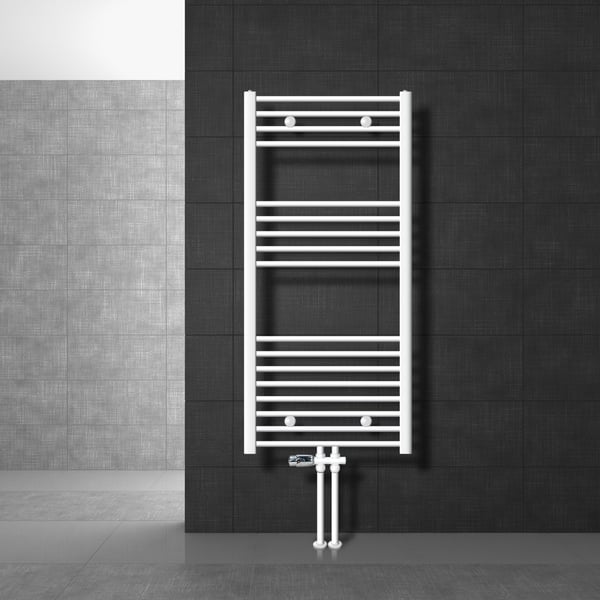 Badeværelsesradiator 600x1200 mm hvid, lige, gulvtilslutningssæt
