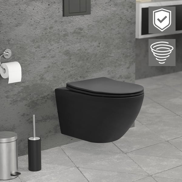 Reunaton seinään kiinnitettävä wc pitkä 53,5 cm Musta nanopinnoitteella ja Tornado-huuhtelulla LuxeBath