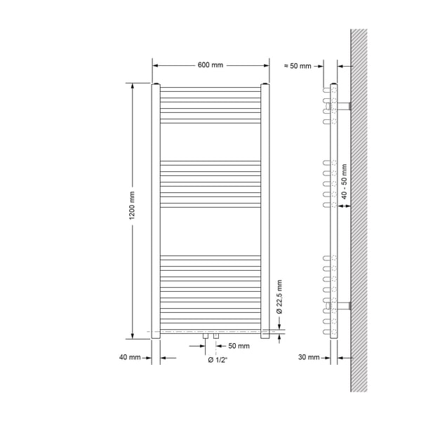 Badrumsradiator centrumanslutning 600x1200 mm vit böjd med LuxeBath universalanslutningssats